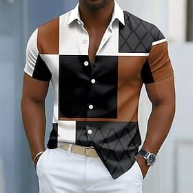 Men's Color Block Patchwork Shirt Button Up Shirt Casual Dress Shirt Short Sleeve Fashion Casual Streetwear Vacation Spring Fall Turndown 3D Print Collared Shi