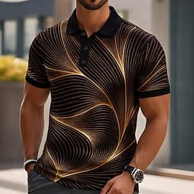 Men's Abstract Line Polo Shirts Short Sleeve Polo Shirts Collared Shirts Casual Athleisure Buttons Spring  Summer Blue Black Purple