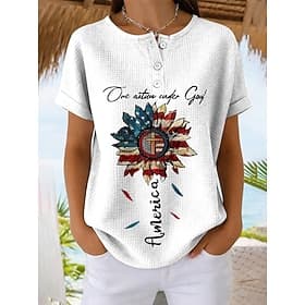 American Independence Day Women's Waffle T Shirt Print Graphic Flag Stylish Classic Casual Short Sleeve Crew Neck Long Tops Daily Blue Black White Red Summer S