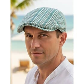 Men's Cotton Striped Beret Flat Cap, Casual Everyday  Travel Hat, Multiple Colors, Lightweight Summer Vacation Accessory for Men
