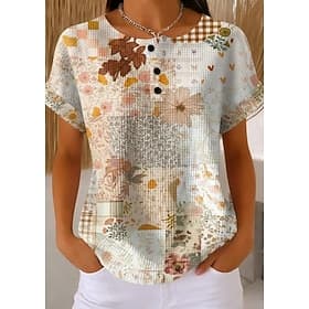 T-shirts en tricot texturé à gaufre pour femmes T-shirt à bloc de couleur imprimé graphique géométrique élégant classique manches courtes col rond Henley t-shi