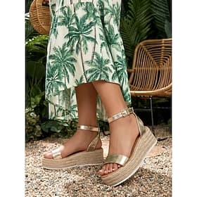 Espadrilles compensées dorées pour femmes - élégantes sandales compensées à bride cheville métallisée et semelle en jute tressée, idéales pour les vacances à l