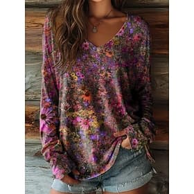 Women's T Shirt Print Floral Graphic Sunflower Vintage Casual Boho Long Sleeve V Neck Regular Tops Daily Blue Dark Green Purple Orange Charcoal Grey Summer Spr