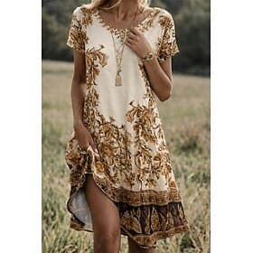 Women's Mini Dress T Shirt Dress Tee Dress A Line Dress Summer Dress Casual Daily Beach Holiday Loose Fit Floral Graphic Leaf Short Sleeve Crew Neck Orange Apr