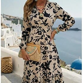 Women's Midi Dress Casual Dress Swing Dress A Line Dress Stylish Casual Vacation Daily Regular Fit Leaf Long Sleeve V Neck Wine Khaki Spring Fall