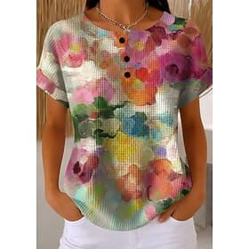 Women's Waffle Textured Knit Tops T Shirt Color Block Button Front Graphic Geometric Plants Stylish Classic Short Sleeve Crew Neck Round Neck Daily Sports Week