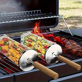 3-teiliges Grillbesteck-Set aus Edelstahl mit Holzgriffen (Grillrost, Grillgabel, Grillhaken), robustes, tragbares Grillzubehör mit Aufhängeöse, gleichmäßige H