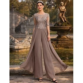 Deux Pièces Combinaison Tailleur-Pantalon Longueur au sol Robe de Mère de Mariée  Demi Manches Col Bateau Élégant Petite robe demoiselle d honneur Église Chiff