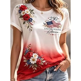 Amerikanischer Unabhängigkeitstag Damen T Shirt Druck Grafik Buchstabe Amerikanische Flagge Stilvoll Klassisch Lässig Kurzarm Rundhalsausschnitt Normale Oberte