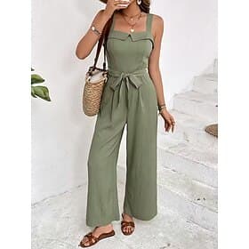 Women's Normal Jumpsuit Active Solid Color Sleeveless Wide Leg Square Neck Belted Backless Daily Vacation Regular Fit Blue Green Summer