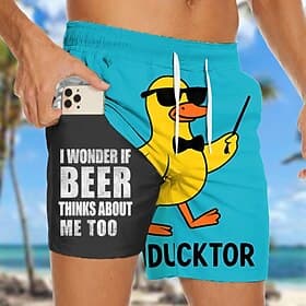 Homme Canard Argot drôle animaux de dessin animé Short doublé Short de bain 2 en 1 Shorts de bain Taille Moyenne Hawaïen Vacances à la Plage Poches Latérales A