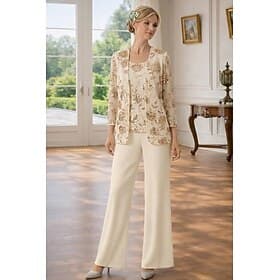 3 Piece Pantsuit Floor Length Mother of the Bride Dress Sleeveless 3/4 Length Sleeve Scoop Neck Elegant Simple Embellished Formal Wedding Guest Formal Evening