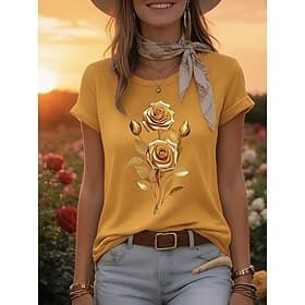 Per donna Maglietta Stampato Floreale Grafico Elegante Classico Casual Manica Corta Girocollo Top Regolari Quotidiano Bianco Giallo Rosa Viola Estate Primavera
