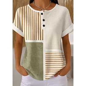 Hauts tricotés texturés Waffle pour femmes t-shirt à bloc de couleur graphique ombre géométrie stylé classique à manches courtes col rond hauts réguliers quoti
