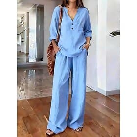 Femmes Ensemble effet lin Ensembles en coton et lin manche longue Col en V Uni Vacances Basique Occasionnel Quotidien Bleu Noir Rose Claire Été Coupe Ample