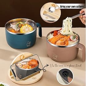 304 Stainless Steel Instant Noodle Bowl with Lid and Handle, 1200ml Large Capacity Ramen Bowl, Double-Walled Anti-Scald Soup Bowl, Portable Food Container for