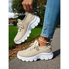 Women's Khaki Breathable Walking Shoes - Lightweight Lace-Up Comfort Sneakers For Travel and Daily Wear