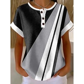 Women's Waffle T Shirt Color Block Print Graphic Geometric Vintage Stylish Classic Short Sleeve Crew Neck Regular Tops Daily Blue Black Pink Green Summer Sprin