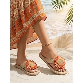 Women's Vibrant Orange Sunflower Beach Sandals - Romantic Bohemian Woven Straw Slides with Floral Accents for Summer Vacations, Tropical Island Getaways  Seasi
