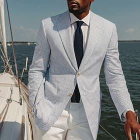 Men's Blazer Jacket Notch Collar Fashion Lightweight Casual Striped Blazer Seersucker Blazer Pink Sky Blue Sage Slim Fit Single Breasted Two-buttons