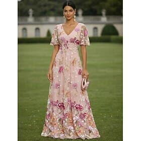 A-linje Kjoler Gulvlengde Festkjole Cocktail Kjole Kjole til brudens mor Kortermet V-hals Elegant Årgang Luksuriøs Formell Bryllupsgjest Kentucky Derby Chiffon