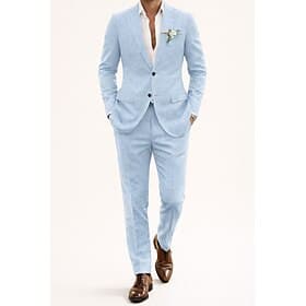 Pour des hommes Smoking Costumes en lin Mariage à la plage Bleu Ciel Beige Été Costume / Tailleur Cranté Revers Cranté Couleur Unie Coupe sur mesure 2 pièces S