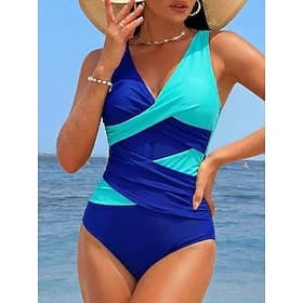 Women's Swimwear One Piece Monokini Swimsuit Tummy Control High Waist Slim Backless Vacation Beach Wear Solid Color V Neck Sleeveless Bathing Suits