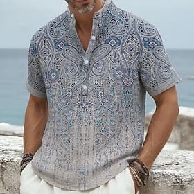 Herren Ethnisch Hemd Leinenhemd Sommerhemd Kurzarm Vintage Ethnisch Lässig Täglich Urlaub Sommer Frühling Mandarinkragen Druck Blau Khaki