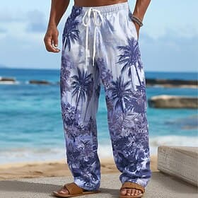 Men's Coconut Tree Gradient Color Tropical Plants Trousers Baggy Pants Casual Pants Mid Waist Hawaiian Outdoor Vacation Beach Wear Elastic Drawstring Waist Lin thumbnail 2