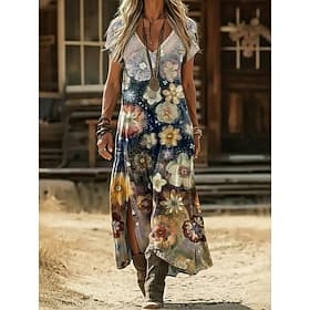 Women's Maxi Dress Boho Dress Casual Dress A Line Dress Print Dress Vintage Outdoor Vacation Weekend Regular Fit Floral Graphic Short Sleeve V Neck Navy Blue P