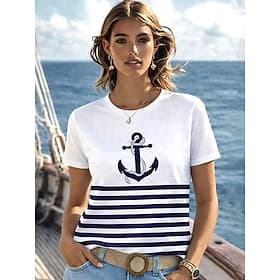 Women's T Shirt Print Graphic Geometric Ocean Vintage Fashion Stylish Short Sleeve Crew Neck Regular Tops Daily Blue Summer Spring