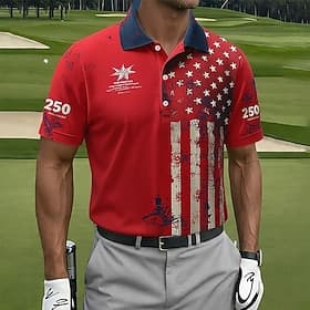 4th of July 2026 250th Men's American US Flag Golf Sports Polo Shirts Short Sleeve Polo Shirts Collared Shirts Casual Athleisure Buttons Spring  Summer Blue Re
