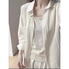 Women's Shirt Cotton Blend Blouse Patchwork Buttons Plain Elegant Vacation Stylish Long Sleeve Shirt Collar Regular Tops Daily Holiday Going out Blue White Pin