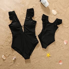 Mommy and Me Swimsuit Jumpsuit Solid Color Casual Ruched Black Pink Sleeveless Active Matching Outfits