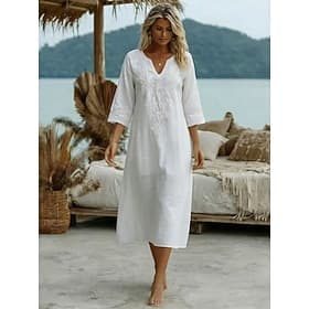 Women's Midi Dress Linen Dress Casual Dress Elegant Fashion Modern Outdoor Vacation Going out Regular Fit Plain Half Sleeve V Neck White Summer Spring