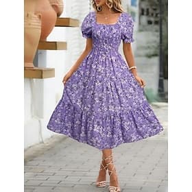 Femmes Robe Midi Robe Décontractée Robe Fleurie Élégant Mode Moderne Extérieur Vacances Sortir Coupe régulière Fleuri Manche Courte Col carré Bleu Noir Blanche