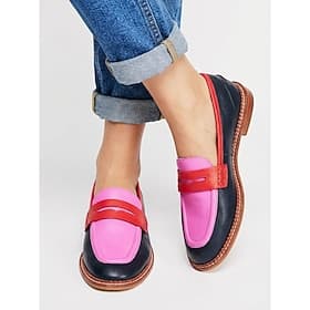 Womens Penny Loafers à Blocs de Couleurs - Ballerines Élégantes en Cuir Véritable Bleu Marine Rose et Rouge pour le Travail de Bureau Quotidien Tenue Décontrac