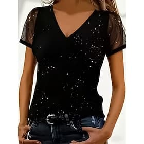 Women's T Shirt Tee Top Sequins Mesh Solid Color Elegant Fashion Classic Short Sleeve V Neck Regular Tops Daily Going out Weekend Black Red Summer Spring