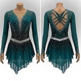 Figure Skating Dress Women's Ice Skating Dress Dark Green Patchwork Open Back Stretchy Training Competition Skating Wear Classic Crystal / Rhinestone Long Slee