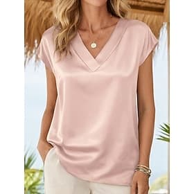Women's Satin Top Blouse Solid Color Stylish Basic Casual Short Sleeve V Neck Regular Tops Daily Blue Black White Champagne Red Summer Spring Fall