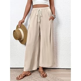Women's Culottes Wide Leg Chinos Vacation Streetwear Casual Full Length Medium Waist Plain Drawstring Pocket Elastic Waistband Comfy Micro-elastic Daily Outdoo