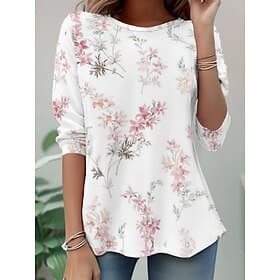 Damen T Shirt Druck Blumen Grafik Pflanzen Stilvoll Klassisch Modern Langarm Rundhalsausschnitt Lange Oberteile Täglich Wochenende Urlaubskleidung Schwarz Weiß