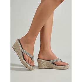 Women's Elegant Light Grey Wedge Sandals - Sparkly Rhinestone Thong Straps with Woven Espadrille Platform for Outdoor Resorts, Tropical Garden Parties  Summer
