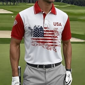 American Independence Day Men's American US Flag Golf Sports Polo Shirts Short Sleeve Polo Shirts Collared Shirts Casual Athleisure Buttons Spring  Summer Blue