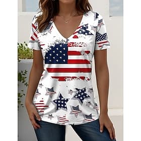 Amerikaanse onafhankelijkheidsdag Dames T-shirt Afdrukken Grafisch Amerikaanse vlag Vintage Stijlvol Klassiek Korte mouw V-hals Normale tops Dagelijks blauw Wi