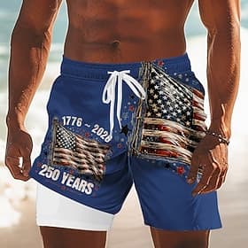 Men's 4th of July U.S. 250th Anniversary US Flag Lined Shorts 2 in 1 Board Shorts Swim Shorts Mid Waist Patriotic Holiday Side Pockets With Compression Liner E thumbnail 2
