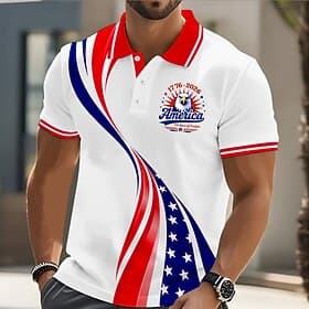 4. Juli 2026 250. Herren Amerikanische US-Flagge Poloshirts Kurzarm Polo-Shirts Revers Lässig Athleisure Knöpfe Frühling  Sommer Blau Weiß Gelb