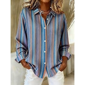 Women's Shirt Blouse Patchwork Buttons Print Graphic Geometric Vintage Tropical Daily Long Sleeve Shirt Collar Regular Tops Daily Blue Summer Spring