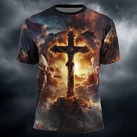 Men's Bible Jesus Crucifixion Angels Heaven Fire Light Religious All Over Print T Shirt Short Sleeve Crew Neck Church Worship Good Friday Tee Designer Clothing