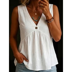 Damen Tank Top Hemd aus Leinenimitat Knöpfe Einfach Mode Stilvoll Klassisch Ärmellos V Ausschnitt Normale Oberteile Täglich Ausgehen Wochenende Blau Schwarz We